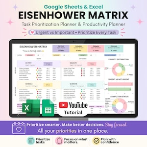 Può includere: Un pianificatore digitale di priorità delle attività e di produttività Eisenhower Matrix visualizzato su uno schermo di computer. L'interfaccia include sezioni per le attività da fare, pianificare, delegare ed eliminare, oltre a grafici di distribuzione.