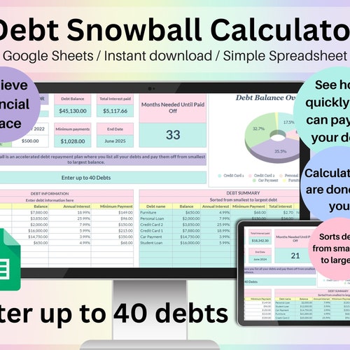 Debt Snowball Calculator Spreadsheet Rainbow Google Sheets Etsy Canada