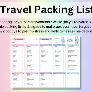 May include: A printable travel packing list with categories for clothing, toiletries, electronics, carry-on, before leaving, shoes, documents, accessories, and other. The list is designed to help travelers pack for a vacation.