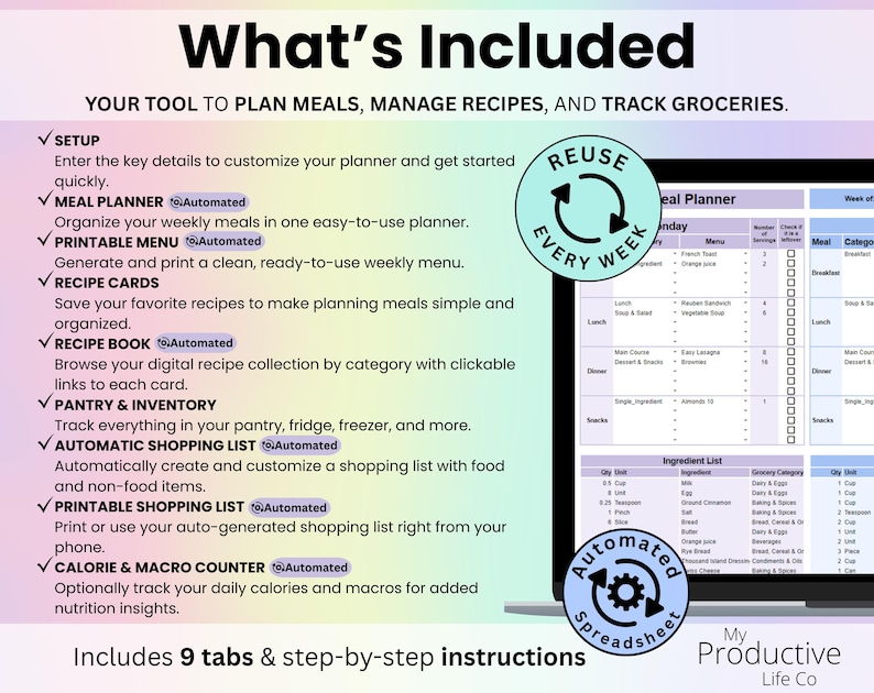 What’s Included slide for the Meal Planner spreadsheet listing features like meal planning, recipes, groceries, and nutrition tracking.