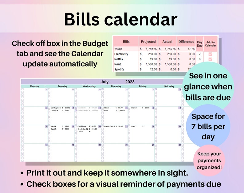 Ultimate Budget by Paycheck Spreadsheet in Cute pastel colors.