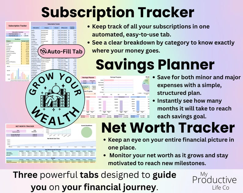 Subscription tracker tab in annual budget spreadsheet calculating monthly costs of streaming, memberships, and recurring payments.