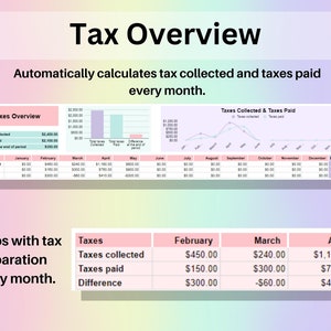 Puede incluir: Un gr&aacute;fico que muestra c&oacute;mo calcular los impuestos recaudados y los impuestos pagados cada mes. El gr&aacute;fico muestra el total de impuestos recaudados y pagados, as&iacute; como la diferencia entre los dos. El gr&aacute;fico tambi&eacute;n muestra los impuestos recaudados y pagados para cada mes del a&ntilde;o. El gr&aacute;fico est&aacute; titulado "Resumen de impuestos" y el texto debajo del gr&aacute;fico dice "Calcula autom&aacute;ticamente los impuestos recaudados y los impuestos pagados cada mes."