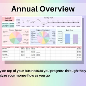 Puede incluir: Un gr&aacute;fico colorido que muestra una visi&oacute;n general anual de los ingresos, gastos y flujo de caja de un negocio. El gr&aacute;fico incluye un desglose de ingresos y gastos en forma de gr&aacute;fico circular, un gr&aacute;fico de l&iacute;neas que muestra el beneficio mensual y una tabla que muestra los ingresos y gastos por mes. El gr&aacute;fico tambi&eacute;n incluye el texto "Visi&oacute;n general anual".