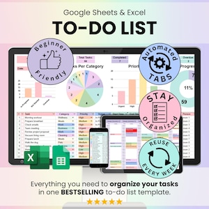 To-Do List Spreadsheet Google Sheets & Excel | Task Tracker Template Automated Daily and Weekly Planner Monthly Calendar Checklist Manager