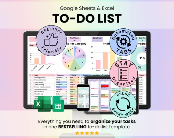 To-Do List Spreadsheet Google Sheets & Excel | Task Tracker Template Automated Daily and Weekly Planner Monthly Calendar Checklist Manager