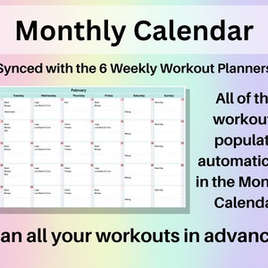 Puede incluir: Un calendario mensual con una cuadr&iacute;cula azul claro y blanca. El calendario es para febrero e incluye los d&iacute;as de la semana, de lunes a domingo. El calendario est&aacute; sincronizado con seis planificadores de entrenamiento semanales. El texto "Todos los entrenamientos se rellenan autom&aacute;ticamente en el calendario mensual" se muestra a la derecha del calendario. El texto "Planifica todos tus entrenamientos con antelaci&oacute;n" se muestra debajo del calendario.