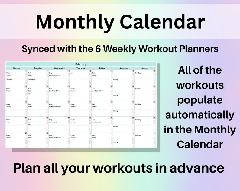 Puede incluir: Un calendario mensual con una cuadr&iacute;cula azul claro y blanca. El calendario es para febrero e incluye los d&iacute;as de la semana, de lunes a domingo. El calendario est&aacute; sincronizado con seis planificadores de entrenamiento semanales. El texto "Todos los entrenamientos se rellenan autom&aacute;ticamente en el calendario mensual" se muestra a la derecha del calendario. El texto "Planifica todos tus entrenamientos con antelaci&oacute;n" se muestra debajo del calendario.