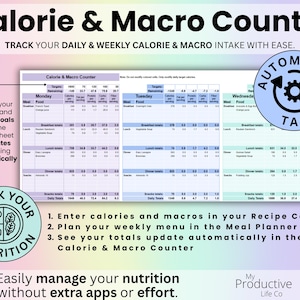 Calorie and Macro Counter tab to track daily and weekly nutrition, synced with the Meal Planner and Recipe Cards.