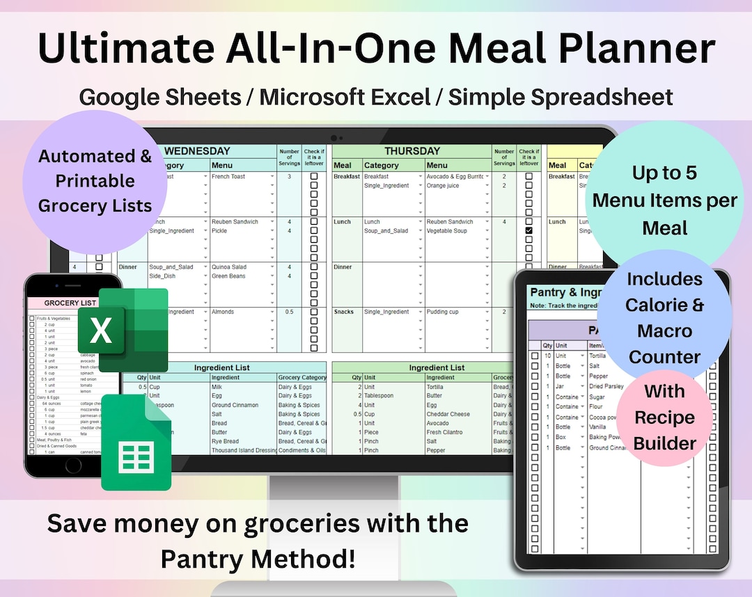 Weekly Meal Planner Spreadsheet Google Sheets Excel Recipe - Etsy