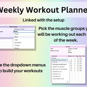 Puede incluir: Un planificador de entrenamiento semanal con un men&uacute; desplegable para seleccionar grupos musculares y ejercicios. El planificador incluye columnas para la fecha, los grupos musculares, el ejercicio, el peso, las series, las repeticiones, el descanso y el tiempo. La imagen muestra un ejemplo de entrenamiento para el martes 31 de enero de 2023, con ejercicios para la espalda y los b&iacute;ceps.