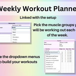 Planificateur d'entraînements, feuille de calcul Google Sheets, outil de suivi des exercices Excel, liste de contrôle pour la salle de sport, modèle de remise en forme, haltérophilie, musculation, Pilates image 4