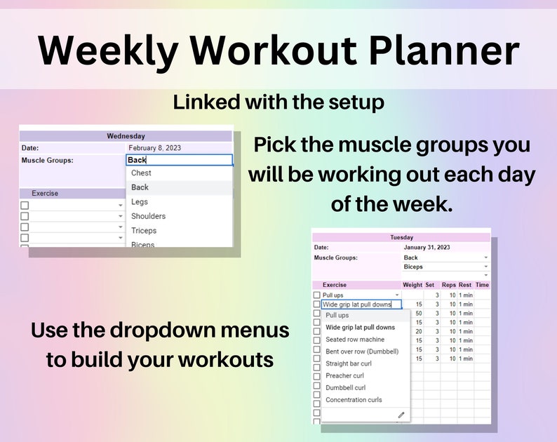 Puede incluir: Un planificador de entrenamiento semanal con un men&uacute; desplegable para seleccionar grupos musculares y ejercicios. El planificador incluye columnas para la fecha, los grupos musculares, el ejercicio, el peso, las series, las repeticiones, el descanso y el tiempo. La imagen muestra un ejemplo de entrenamiento para el martes 31 de enero de 2023, con ejercicios para la espalda y los b&iacute;ceps.