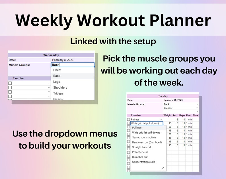 Planificateur d'entraînements, feuille de calcul Google Sheets, outil de suivi des exercices Excel, liste de contrôle pour la salle de sport, modèle de remise en forme, haltérophilie, musculation, Pilates image 4