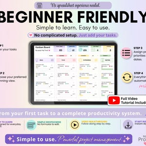 Step-by-step overview showing how to start using the Ultimate Task Tracker by entering tasks, choosing planning views, assigning projects and priorities, and letting everything update automatically. Includes YouTube tutorial information.