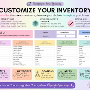 Household inventory setup page for customizing units, categories, locations, storage areas and stores, plus country and currency settings used throughout the spreadsheet.