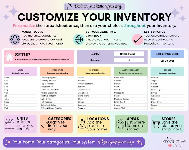 Household inventory setup page for customizing units, categories, locations, storage areas and stores, plus country and currency settings used throughout the spreadsheet.