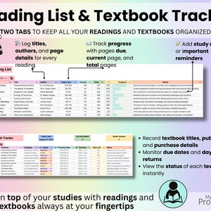 Reading List & Textbook Tracker: Slide preview of reading list with progress and textbook tracker with costs and status.