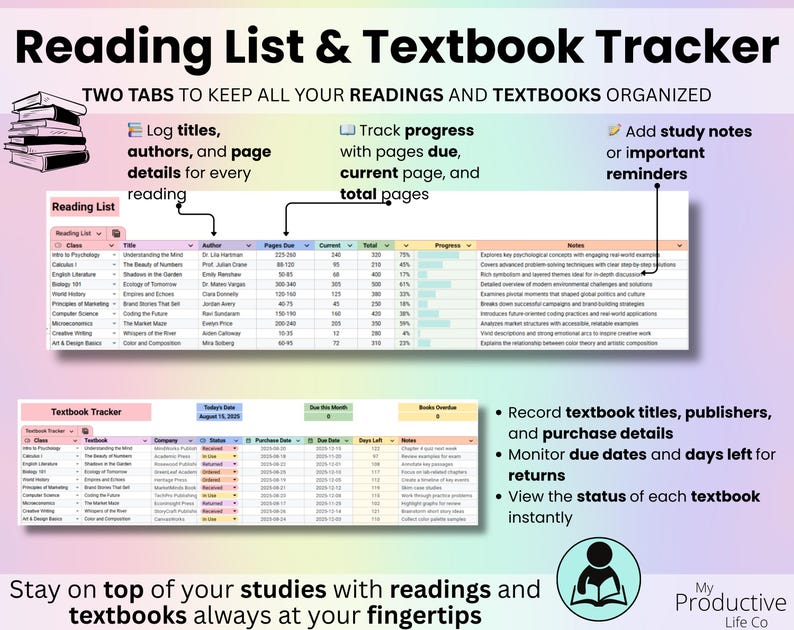 Reading List & Textbook Tracker: Slide preview of reading list with progress and textbook tracker with costs and status.