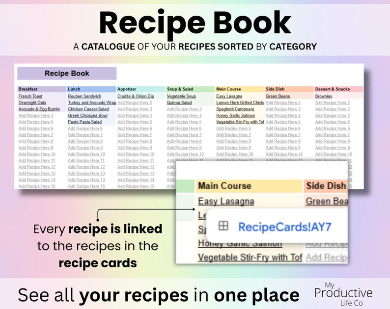 Recipe Book tab with a digital recipe collection sorted by category and clickable links to recipe cards.