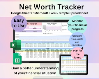 Hoja de cálculo para el seguimiento del patrimonio neto (Google Sheets y Excel) / Registro de activos y pasivos, seguimiento de la riqueza, plantilla de planificación financiera