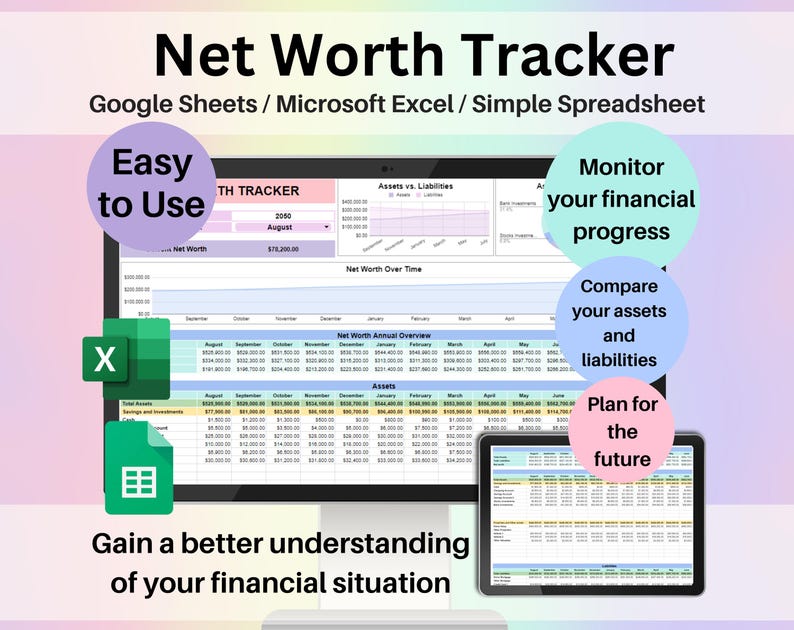 Net Worth Tracker Spreadsheet Google Sheets & Excel | Assets and ...
