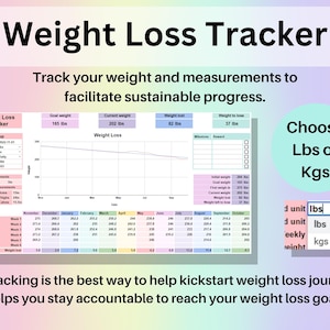 K&ouml;nnte beinhalten: Ein Gewichtsverlust-Tracker mit einem rosa, blauen und gr&uuml;nen Farbschema. Der Tracker enth&auml;lt ein Diagramm, eine Tabelle und einen Abschnitt f&uuml;r Messungen. Der Text auf dem Tracker lautet "Weight Loss Tracker" und "Track your weight and measurements to facilitate sustainable progress."