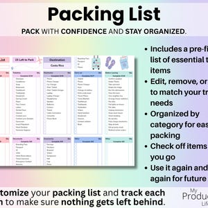 Packing List tab with customizable categories, checkboxes to mark items packed, and organized sections to help prevent forgetting essentials before departure.
