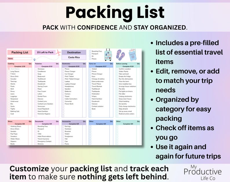 Packing List tab with customizable categories, checkboxes to mark items packed, and organized sections to help prevent forgetting essentials before departure.