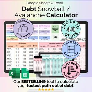 Schuldensneeuwbal-/lawinecalculator Spreadsheet Google Spreadsheets Microsoft Excel-sjabloon Digitale schuldbetalingstracker Schuldafbetalingsplanner