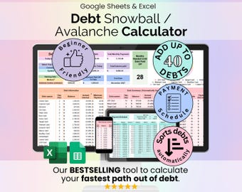 Debt Snowball / Avalanche Calculator Spreadsheet Google Sheets Microsoft Excel Template Digital Debt Payment Tracker Debt Payoff Planner