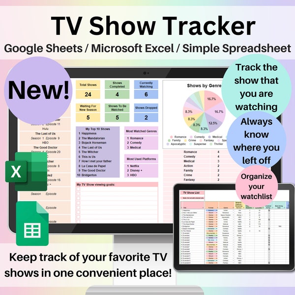 TV Show Tracker Spreadsheet Google Sheets Excel Television Series Tracker Dashboard To be Watched Title Watch Schedule Sitcom List Tracker