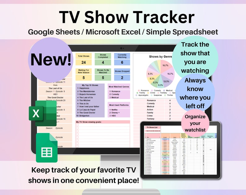 May include: A colorful digital illustration of a computer screen showing a spreadsheet with the title "TV Show Tracker". The spreadsheet is designed to help users track their favorite TV shows. The image also includes text that says "New!" and "Keep track of your favorite TV shows in one convenient place!"