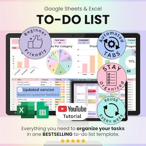 To-Do List Spreadsheet Google Sheets & Excel | Task Tracker Template Automated Daily and Weekly Planner Monthly Calendar Checklist Manager