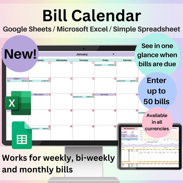 Factuurkalender Spreadsheet Google Spreadsheets Excel Maandelijkse kalender Schuld- en factuurbetalingchecklist Persoonlijke financiën Inkomenstracker Digitale planner