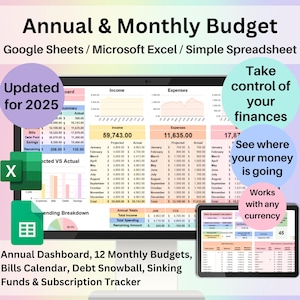 Spreadsheet jaar- en maandbudget | Google Spreadsheets en Excel | Financieel planner met schuldensneeuwbal | Inkomsten- en abonnementstracker