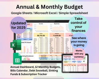 Annual & Monthly Budget Spreadsheet | Google Sheets and Excel | Financial Planner with Debt Snowball | Income + Subscription Tracker