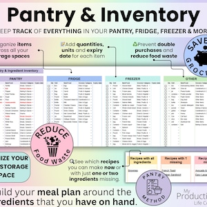 Pantry and Inventory tab to track items in pantry, fridge, and freezer with categories, quantities, and units.