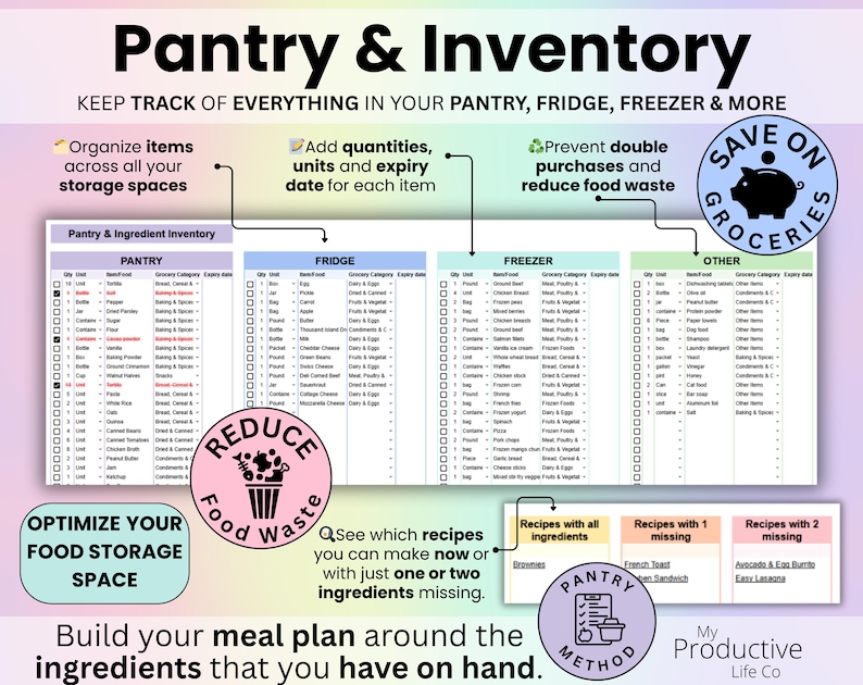 Pantry and Inventory tab to track items in pantry, fridge, and freezer with categories, quantities, and units.