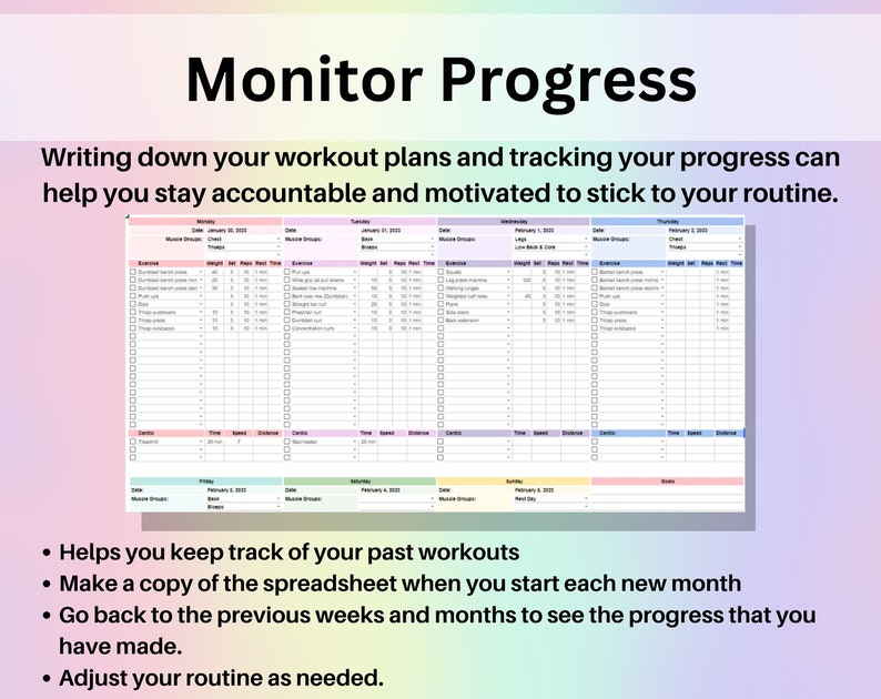 Planificateur d'entraînements, feuille de calcul Google Sheets, outil de suivi des exercices Excel, liste de contrôle pour la salle de sport, modèle de remise en forme, haltérophilie, musculation, Pilates image 7