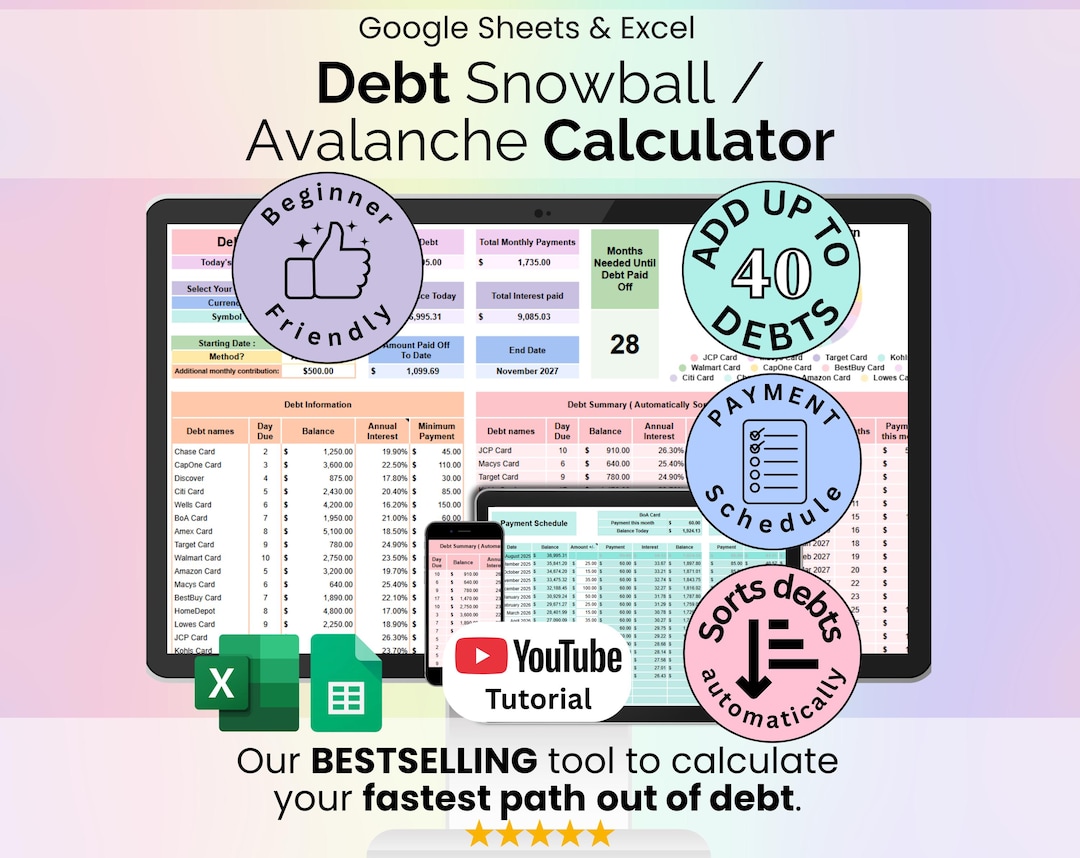Debt Snowball / Avalanche Calculator Spreadsheet Google Sheets Microsoft Excel Template Di