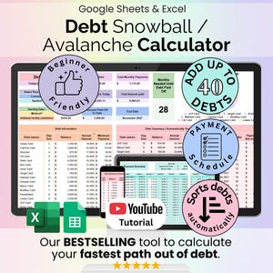 Debt Snowball / Avalanche Calculator Spreadsheet Google Sheets Microsoft Excel Template Digital Debt Payment Tracker Debt Payoff Planner