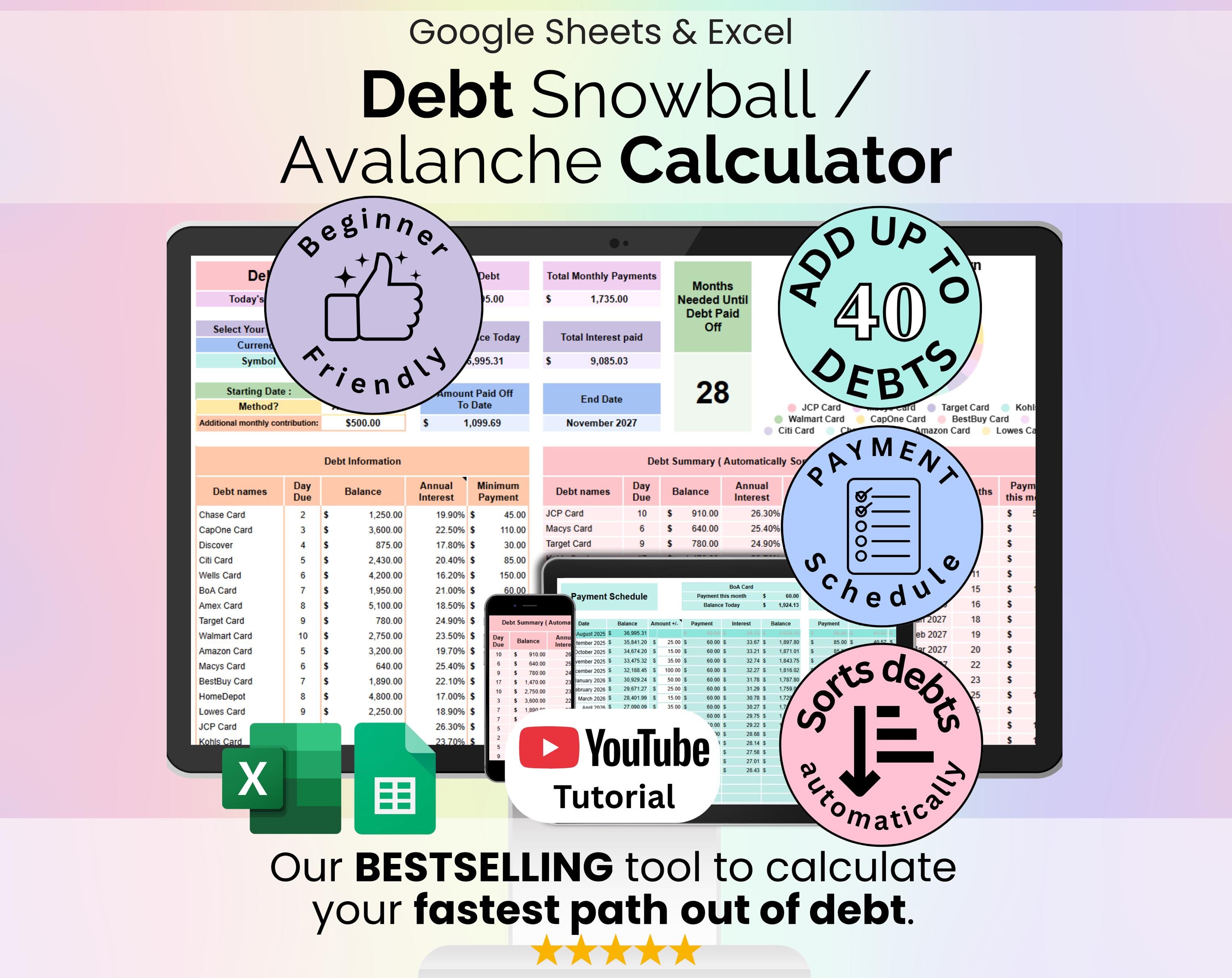 Debt Snowball / Avalanche Calculator Spreadsheet Google Sheets Microsoft Excel Template Digital Debt Payment Tracker Debt Payoff Planner