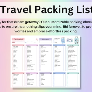 May include: A printable travel packing list checklist with categories for clothing, toiletries, electronics, carry-on, before leaving, shoes, documents, accessories, and other. The checklist is designed to help travelers pack for a trip.