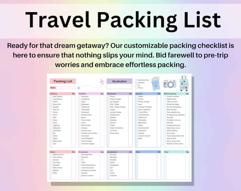 May include: A printable travel packing list checklist with categories for clothing, toiletries, electronics, carry-on, before leaving, shoes, documents, accessories, and other. The checklist is designed to help travelers pack for a trip.