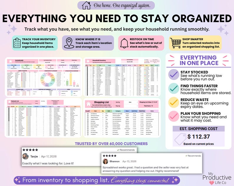Household inventory spreadsheet showing dashboard, master inventory, restock list and shopping list with tools to track household items, storage locations, stock levels, shopping needs and estimated costs.