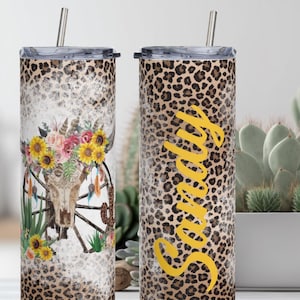 20 oz Personalized Tumbler, Skinny Straight stainless steel tumbler.  Western cow skull flower boho sunflower leopard design image graphic.