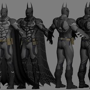 Peut inclure: Un modèle 3D de Batman dans un costume noir et gris avec une cape. Le modèle est présenté sous trois angles différents : de face, de dos et de profil. Le modèle est filaire, montrant la structure sous-jacente du personnage.