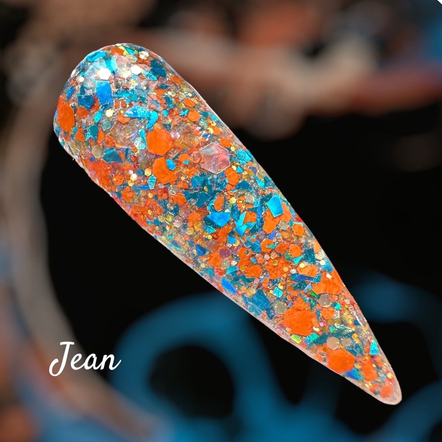 Jean orange and blue dip powder, chunky glitter dip powder, kandedips