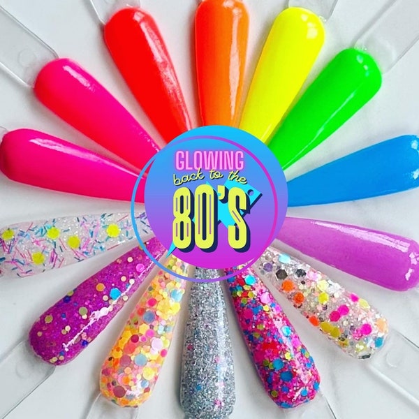 Kandedips Glowing Back to the 80’s dip powder collection, neon dip powder, glow dip powder
